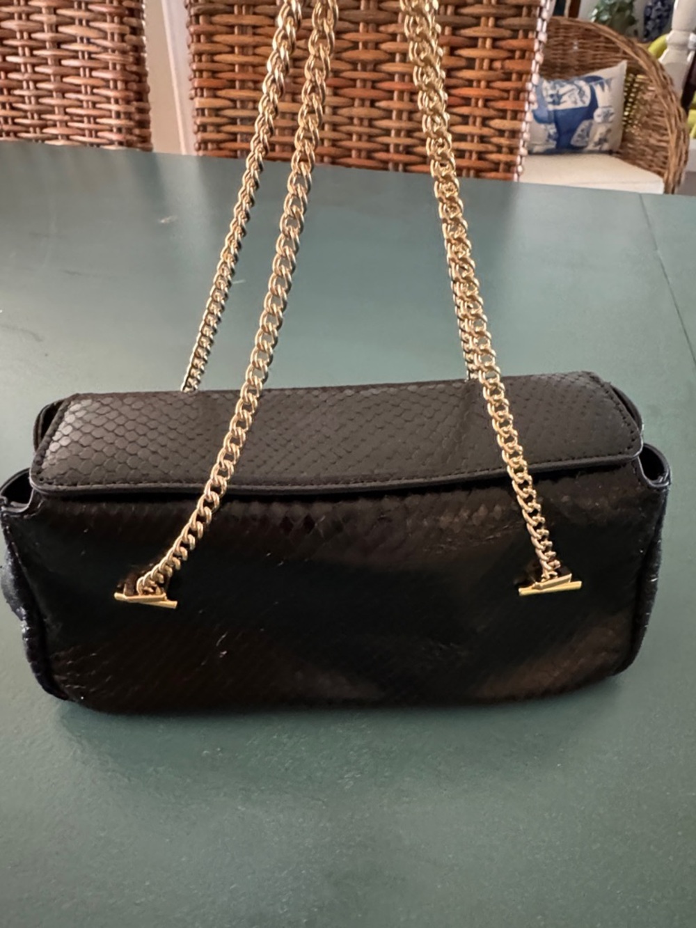New with tags. J. Crew Black Faux Snakeskin Bag with Gold Chain Strap